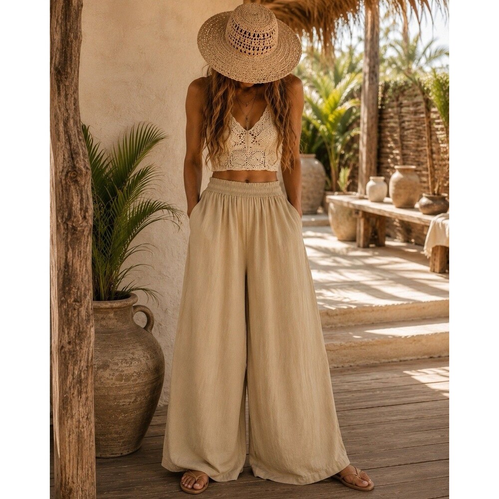 American Eagle Dramatic Wide Leg Camel Sand Linen Pull-On Pants Women’s M Boho